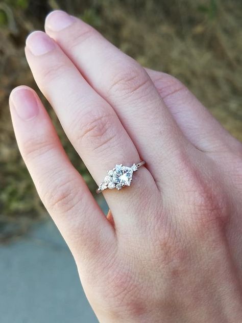 Custom made moissanite ring with asymmetrical accents Assymetrical Engagement Rings, Asymmetrical Engagement Rings, Asymmetric Engagement Ring, Asymmetrical Wedding Ring, Asymmetrical Engagement Ring, Asymmetrical Ring, Ring Stacks, Ring Inspiration, Cluster Rings