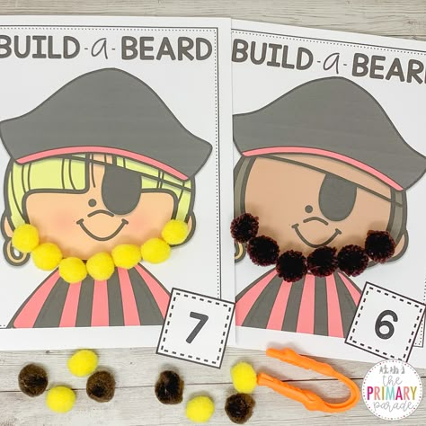 If you’re looking for a fun counting activity (1-20), this build a pirate beard printable is perfect for you. This adorable pirate themed building activity comes with two different pirate printables and number cards 1-20. All you need to gather is this pirate printable and small manipulatives like playdoh, buttons, or pom poms. This would make a great preschool math activity to go in a math center or to use when teaching number sense and counting this summer. #prek #iteachk #learningthroughpl Pirate Maths Activities, Pirate Activities For Kids, Pirate Crafts Preschool, Pirate Activities Preschool, Build A Pirate, Pirate Maths, Fun Summer Activities For Kids, Pirate Preschool, Pirate Printables