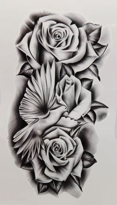 Rose Pattern Tattoo, Rose With Dove Tattoo, Dove And Roses Tattoo Design, Dove Roses Tattoo Design, Rose And Dove Tattoo For Men, Dove Tattoo Design Drawing, Roses And Doves Tattoo, Dove With Flowers Tattoo, Rose And Cross Tattoos For Men