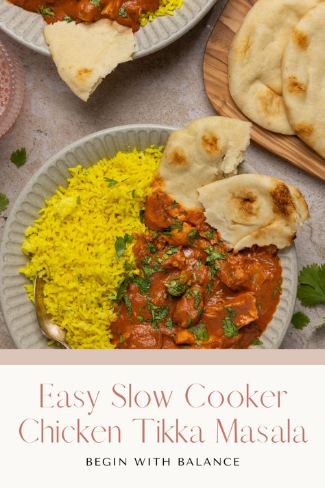 This slow cooker chicken tikka masala recipe features a creamy sauce with warm spices. It makes for a quick and simple weeknight meal. Crockpot Tikka Masala Chicken, Tikka Masala Crockpot, Chicken Tikka Masala Slow Cooker, Slow Cooker Chicken Tikka Masala, Tikki Masala, Tikka Masala Sauce, Chicken Tikka Masala Recipes, Masala Sauce, Easy Slow Cooker Chicken