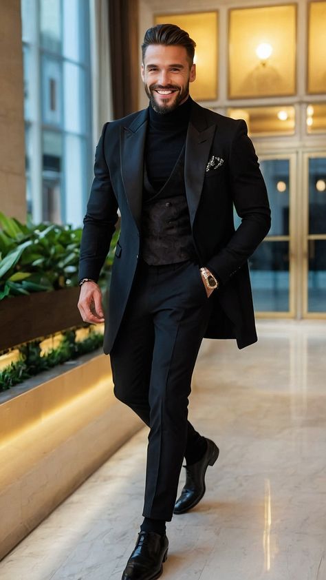 Men Formal Black Outfit, Opera Night Outfit Men, Men Courthouse Wedding Outfit, Mens Black Suit Outfit Wedding, Mens Prom Outfits, Black Tuxedo For Men Classy, Nye Outfit Ideas Men, Black Suits For Men Wedding Classy, All Black Wedding Guest Outfit Men