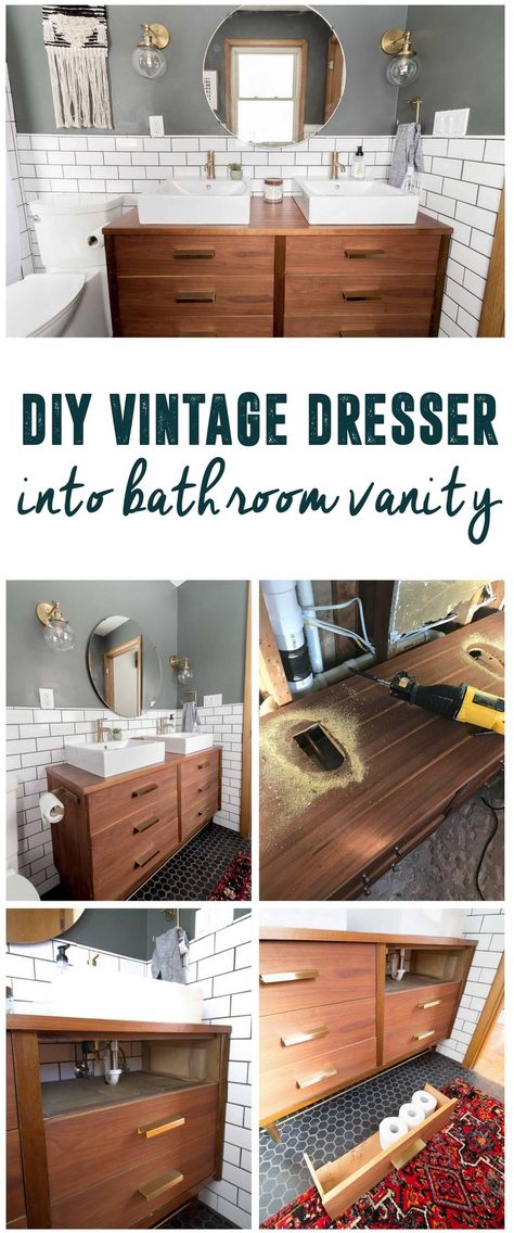 Double Sink Dresser Vanity, How To Put A Sink In A Dresser, How To Build Double Sink Bathroom Vanity, Dresser As Sink Vanity, Making Your Own Bathroom Vanity, Dresser To Sink Vanity Diy, Diy Vanity From Dresser, Mcm Dresser Bathroom Vanity, Dresser Into Bathroom Vanity Diy