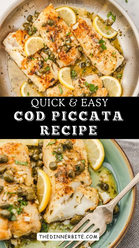 Craving Italian flavors without breaking the bank? Try our Easy Cod Piccata Recipe - The Dinner Bite! This healthy and delicious 🍽️ quick-fix recipe will satisfy your taste buds and keep your waistline happy 😋. Get ready for a scrumptious meal! 🇮🇹 Recipe For Cod Fillets, Haddock Piccata Recipes, Atlantic Cod Recipes, Cod Filet Recipes, Light Entrees, Cod Piccata Recipe, Cod Piccata, Seafood Extravaganza, Cod Recipes Healthy