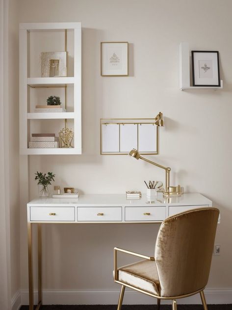 White Gold Vanity Desk, Office Desk Gold, White Desk With Gold Accents, White Desk With Gold, Desk Area Aesthetic, Aesthetic Desk Area, Desk With Gold Accents, Gold And White Bedroom, Cream Bedroom Decor