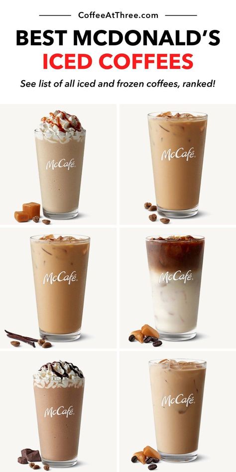 Every iced coffee drink at McDonald’s, ranked, including Frappes! Get tips on how to order, calorie count, and see what’s in each drink. Mcdonald’s Iced Coffee Order, Mcdonald’s Coffee Order, Mcdonald’s Iced Coffee, Mcdonald’s Coffee, Mcdonalds Iced Coffee Order, Mcdonalds Iced Coffee, Iced Caramel Macchiato Recipe, Vanilla Iced Coffee Recipe, Iced Mocha Recipe