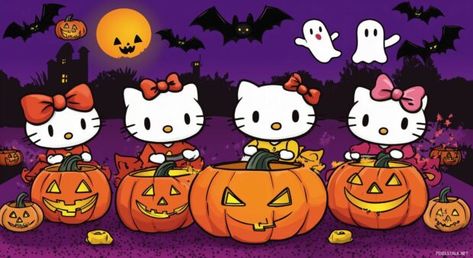 Hello Kitty and friends carving pumpkins, with Halloween decorations like ghosts and bats hanging around them. Hello Kitty Halloween Wallpaper, Halloween Desktop Wallpaper, Carving Pumpkins, Halloween Wallpapers, Hello Kitty And Friends, Hello Kitty Halloween, Hello Kitty Backgrounds, Kitty Wallpaper, Wallpaper Free Download