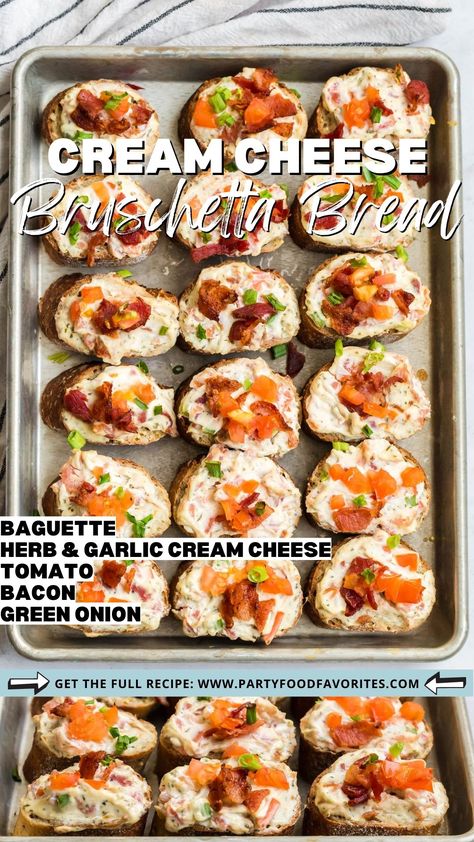 Cream Cheese Bruschetta Bread is the perfect dish for any occasion! Whether it's game day or a bridal shower, this easy-to-make appetizer is sure to be a crowd-pleaser. Add some flair to your Super Bowl party or any gathering with the delicious taste of Cream Cheese Bruschetta Bread! Bread Toppings Ideas, Bread Appetizers Easy, French Bread Appetizers, Baguette Appetizer, Bruchetta Appetizers, Bruschetta Bread, Bruschetta Bites, Garlic Cream Cheese, Cheese Bruschetta