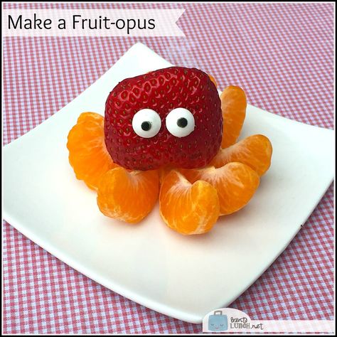 BentoLunch.net - What's for lunch at our house: Make a Fruit-opus (Fruit Octopus) Octopus Snacks For Kids, Fruit Creations For Kids, Fruit Octopus, Beach Kindergarten, Ocean Theme Snacks, Sea Snacks, Week Snacks, Ocean Snacks, Octopus Party