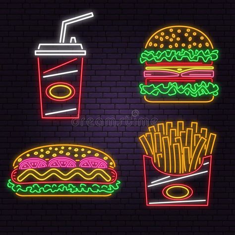 Retro neon burger, cola, hot dog and french fries sign on brick wall background. Design for cafe. Vector. Neon design stock illustration Neon Burger Sign, Fastfood Design, Neon Burger, Burger Neon, French Fries Design, Street Food Design, Restaurant Poster, Retro Neon, Brick Wall Background