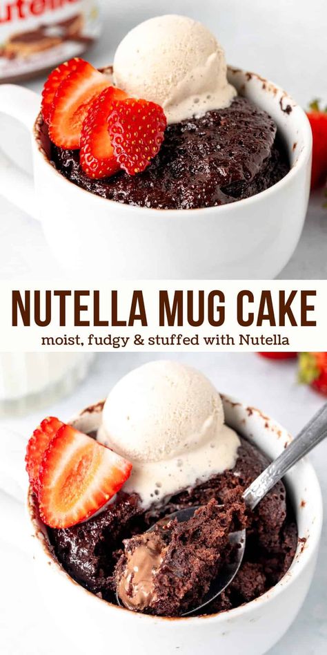 Single Serve Nutella Desserts, Single Serve Mug Desserts, Mug Cake Recipe Nutella, Chocolate Mug Cake Nutella, Things To Make With Nutella Easy No Bake, Nutella Mini Cake, How To Make A Nutella Mug Cake, Nutella Easy Dessert, Easy Nutella Dessert Recipes