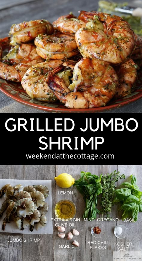 Recipes, Videos and Cottage Tips - Weekend at the Cottage Shrimp Recipes Bbq, Bbq Grilled Shrimp, Shrimp Jumbo, Steak Ideas, Garlic Herb Sauce, Grilled Jumbo Shrimp, Easy Grilled Shrimp Recipes, Jumbo Shrimp Recipes, Grilling Steak