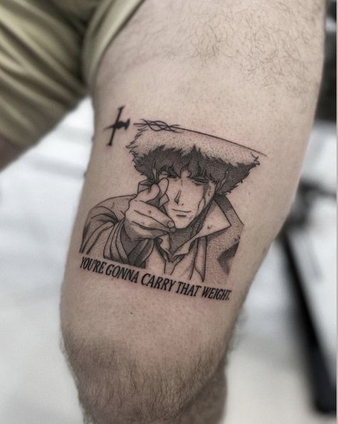 Spike Spiegel Tattoo Design, Cowboy Bepop Tatoos, Youre Gonna Carry That Weight Cowboy Bebop, Cowboy Bebop Cross Stitch, Cowboy Bebop Tattoo, Ufo Tattoo, Adventure Time Tattoo, Nerd Tattoo, Funky Tattoos