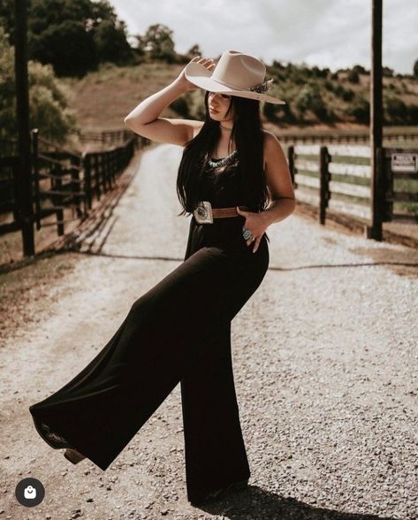 Jumpsuit With Boots Western, Country Outfits Wedding Guest, Cowgirl Wedding Outfit Guest Formal, Outfits With Black Cowboy Boots For Women, Western Black Outfits Women, Black Western Jumpsuit, Western Wedding Attire For Women, Country Western Wedding Guest Dresses, Texas Wedding Outfit Guest