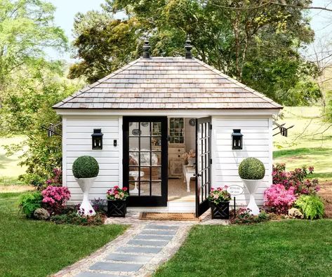 English Garden Shed, Limewash House, Yarn Shelf, White Shed, Room Organizers, Shed Office, Pool Storage, Fireplace Kits, Backyard Cottage