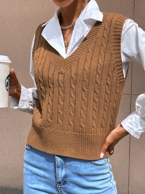 Tan Sweater Vest Outfit, Knitted Vest Outfit, Knit Vest Outfit, Sweater Vest Outfit, Knit Sweater Outfit, Sweater Vest Women, Vest Shirt, Brown Sweater, Vest Outfits