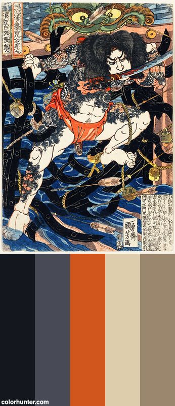 Rori Hakucho Chojun By Utagawa Kuniyoshi (1753-1806), A Traditional Japanese Ukiyo-e Style Illustration Of A Brave Warrior With Katana In His Mouth Fighting Through A Hail Of Arrows. Digitally Enhanced From Our Own Original Edition. Color Scheme from colorhunter.com Warrior Color Palette, Japanese Colour Scheme, Japanese Colour Palette, Japan Color Palette, Japanese Traditional Painting, Traditional Japanese Color Palette, Japanese Color Palette, Ukiyoe Design, Ukiyo E Color Palette