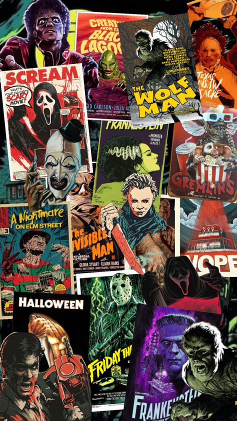 Horror Screen Savers, Halloween Slasher Wallpaper, Horror Movies Collage, Slasher Background, Slasher Wallpaper Aesthetic, Horror Collage Wallpaper, Slasher Aesthetic Wallpaper, 80s Horror Aesthetic Wallpaper, Classic Horror Wallpaper