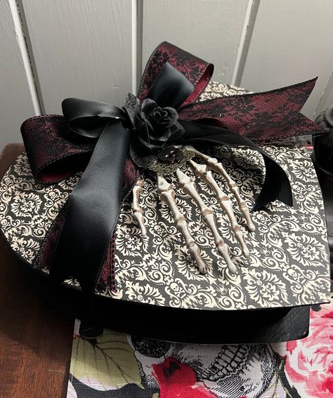 Emo Gift Basket, Gothic Gift Ideas, Fake Skeleton, Goth Valentines, Emo Gifts, Skeleton Theme, Roses Ribbon, Burgundy Ribbon, Gothic Heart