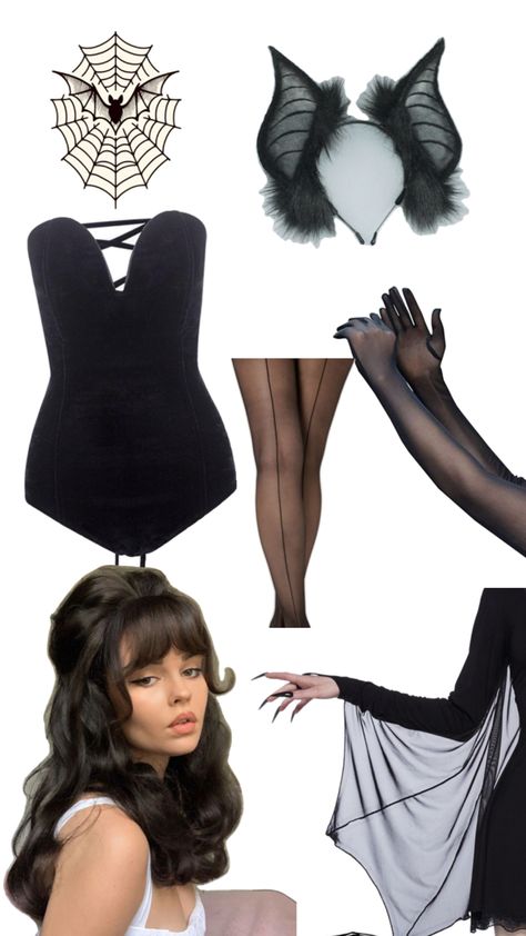 Bat Outfit Halloween, Black Dress Diy Halloween Costumes, Easy Hot Costumes, Vintage Bat Halloween Costume, Vintage Vampire Costume, 50s Costume Ideas, Vintage Bat Costume, Bat Costume Women's, Bat Costume Makeup