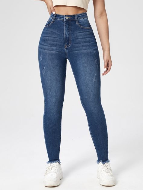 Jeans ajustados de talle alto bajo crudo Jean Azul, High Waisted Jeans Outfit, Light Jeans, Outfit Jeans, High Waisted Jeans, Womens Jeans, Women Denim Jeans, Casual Fall Outfits, Casual Denim