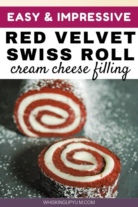 This Red Velvet Swiss Cake Roll recipe is easy and great for parties! Perfect Christmas or Valentine's Day Dessert! | Red Velvet Cake Roll | Swiss Roll Recipe | Swiss Cake Recipe | Swiss Roll Recipe | Swiss Roll Easy | Christmas Cake Roll | Valentines day Dessert | Christmas Dessert | Christmas Swiss Roll | Swiss Roll Tutorial Swiss Cake Roll Recipe, Cake Roll Recipes Easy, Christmas Swiss Roll, Red Velvet Swiss Roll, Roll With Cream Cheese Filling, Swiss Cake Roll, Christmas Cake Roll, Red Velvet Cake Roll, Easy Holiday Desserts Christmas