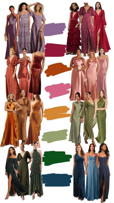 Jewel tone fall bridesmaids dresses color palate wedding planning Fall Bridesmaids Dresses, Fall Bridesmaid Dress Colors, Jewel Tone Wedding Theme, Jewel Tone Wedding Colors, Jewel Tone Bridesmaid, Slip Bridesmaids Dresses, Bridesmaid Color Palette, Bridesmaid Dresses Color Palette, Jewel Tone Color Palette