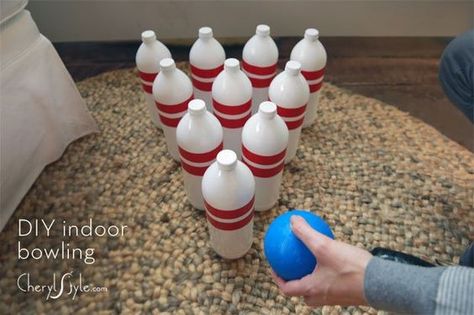 Indoor bowling can be fun for all ages! Diy Bowling Game, Diy Bowling Pins, Indoor Bowling, Kid Games Indoor, Diy Bowling, Diy Kids Games, Bowling Games, Baby Sitting, Christmas Games For Kids