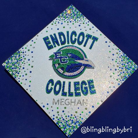 College Logo Graduation Cap, Graduation Cap Designs College Logo, Endicott College Aesthetic, Grad Cap Ideas College Logo, Grad Cap College Logo, Rhinestone Graduation Cap, Graduation Cap Designs College, Endicott College, Senior Year Things