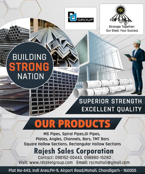 Construction high-rise buildings, bridges, and more with the supreme quality of steel! Proud to supply the best steel products to our valued customers. #steel #suppliers #quality #construction #commercialproperty #commercial Contact Us! 📞Call- 098152-00443, 098880-15280 📧Email- rscmohali@gmail.com Website- https://rdsteelgroup.com/ Steel Company, Steel Industry, Steel Sheets, Ideal Partner, Graphic Design Ads, High Rise Building, Creative Ads, Ads Creative, The Supreme