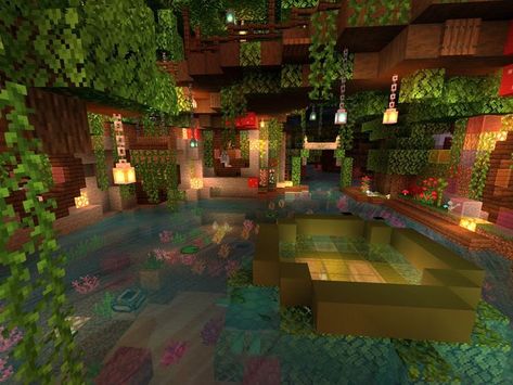 Aesthetic Cave Minecraft, Minecraft Build Cottagecore, Minecraft Villager Trading Hall Ideas Underground, Aesthetic Mc House, Aesthetic Mc Builds, Aesthetic Minecraft Base, Minecraft Aesthetic Interior, Rabbit Enclosure Minecraft, Mc House Ideas Cottage