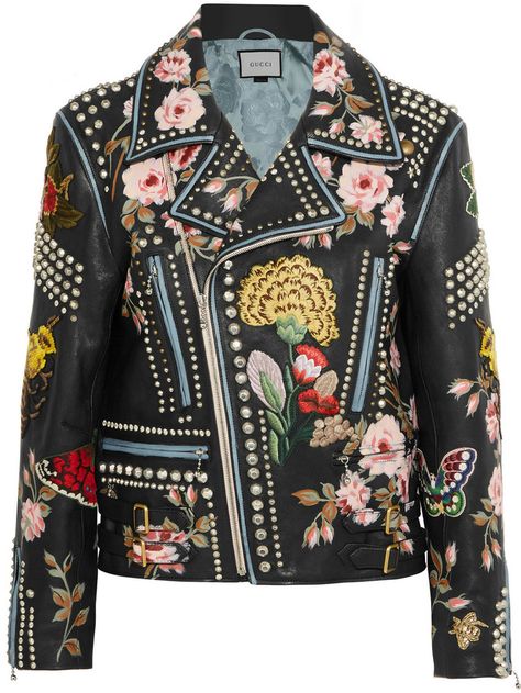 Gucci Rose and Flower Embellished Black Leather Biker Jacket Embroidered Leather Jacket, Georgina Chapman, Gucci Jacket, Studded Leather Jacket, Gucci Floral, Jackets Black, British Women, Studded Jacket, Slim Fit Jackets