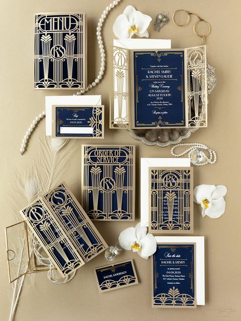 Wedding Invitations Collections – Cartalia Great Gatsby Save The Date, Navy And Gold Art Deco Wedding, Old Hollywood Save The Date, Save The Date Art Deco, Art Deco Invite, Wedding Invitations Art Deco, Art Deco Save The Date, Art Deco Menu Design, Modern Vintage Wedding Theme