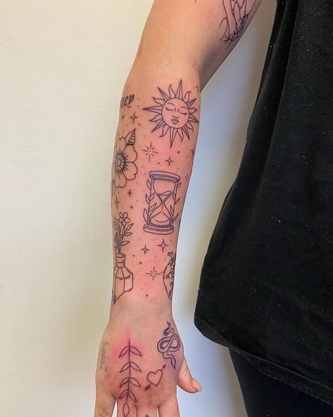 25 Patchwork Tattoo Ideas for Women - Mom's Got the Stuff Connecting Patchwork Tattoos, Patchwork Sleeve With Filler, Patchwork Tattoo With Filler, Women’s Patch Sleeve Tattoo, Tattoos For Patchwork Sleeve, Patch Work Shoulder Tattoo, Arm Sleeve Tattoos Design, Fine Like Patchwork Tattoo, Leg Gap Filler Tattoos