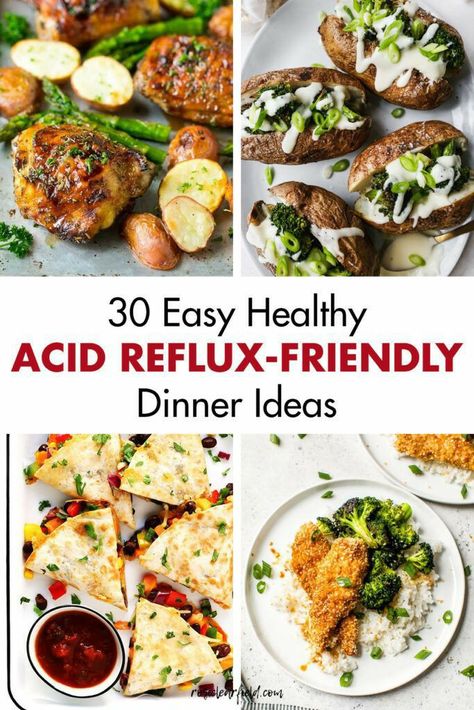 Easy healthy acid reflux-friendly dinner ideas will help you plan quick weeknight menus that are nutritious and don’t trigger GERD symptoms Food Recipes For Sensitive Stomach, Less Acidic Meals, Non Acidic Foods Meals, Less Acidic Foods, Tummy Friendly Food, Reflux Recipes Meals, Ulcer Diet Meal Plan, Easy Non Acidic Meals, Foods Low In Acidity