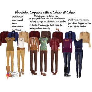 Wardrobe capsules column of colour Column Of Color Outfit, Column Dressing, 20 Outfits, Inside Out Style, Autumn Tones, Colour Analysis, Wardrobe Capsule, Build A Wardrobe, Wardrobe Planning