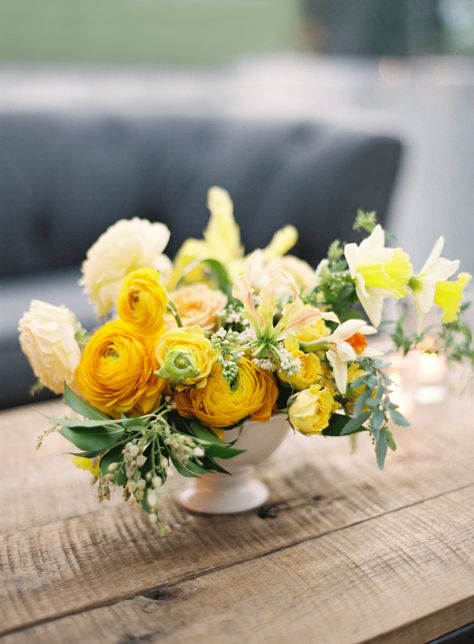 Golden yellow poppy centerpiece: http://www.stylemepretty.com/2016/05/31/yellow-rustic-durham-ranch-wedding/ | Photography: Jose Villa - http://josevilla.com/ Wedding Yellow And Green, Yellow Centerpieces, Yellow Wedding Inspiration, Yellow Wedding Theme, Mustard Flowers, Yellow Wedding Flowers, Yellow Wedding, Center Pieces, Ranch Wedding