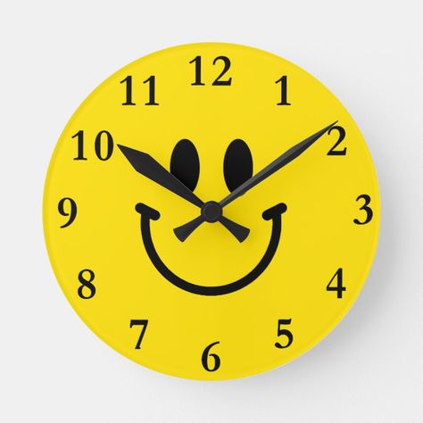 Happy Smiley Face Smile Yellow Round Clock Clock Logo, Yellow Clocks, Yellow Wall Clocks, Face Smile, Happy Smiley Face, Yellow Wall, Quirky Home Decor, Round Clock, Round Wall Clocks