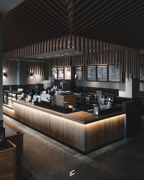 Cafe Wood Interior Design, Black Cafe Design, Industrial Cafe Counter, Cafeteria Counter Design, Dark Coffee Shop Aesthetic, Coffee Shop Counter Design, Coffee Shop Bar Counter, Cafe Counter Design, Restaurant Counter Design