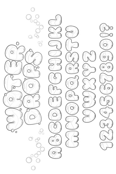 Whimsical water-dropped typography combines with elegant handwriting, intricate stencil patterns, and kawaii charm to create a visually stunning font effect.#fontsalphabetandnumbers#fontsalphabetandnumbershandwritten#fontsalphabetgraffitidesign#fontsalphabetgraffitisketch#coolfontsalphabetgraffitistepbystep Number Fonts Bubble, Abc In Different Fonts, Bubbly Text Font, Fluffy Font Alphabet, Bubble Letter Template, Girly Lettering Fonts, Cute Lettering Alphabet, Abc Drawing Letters, English Fonts Design