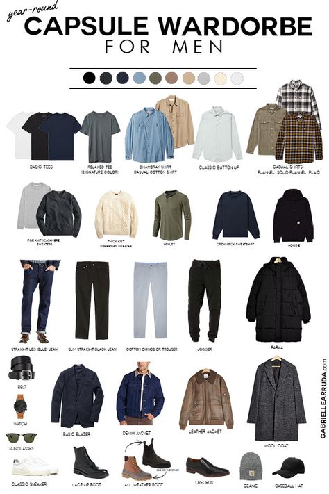 Stop stressing about what to wear! Here's your ultimate guide to crafting the perfect men's capsule wardrobe and all the men's outfit ideas you can build from it. Streamline your wardrobe and have style and ease all at once. This easy men's closet and these style tips will change your fashion. #menscapsulewardobe #mensfashion #mensoutfitsidea Mens Fall Outdoor Outfits, Men's Capsule Wardrobe Minimalist, Mens Clothing Capsule, All Fashion Aesthetics, Men’s Wardrobe Capsule, Mens Fashion Ideas Style Guides, Easy Men Outfit Ideas, Male Wardrobe Ideas, Easy Men’s Fashion