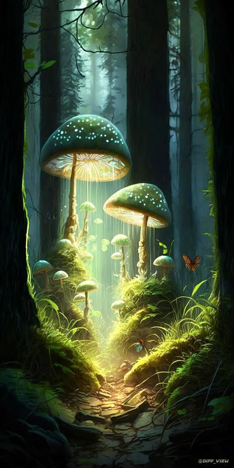 Fairy Realm Fantasy Art, How To Draw Fantasy Landscapes, Mystic Arts Aesthetic, Fairy Fantasy Aesthetic, Dreamy Art Fantasy, Snow Style Fashion, Mushrooms And Fairies, Mystical Scenery, Fairies And Mushrooms