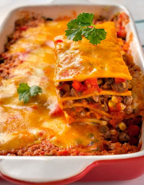 Mexican Taco Lasagna Mexican Taco Lasagna, Italian Lasagna, Taco Lasagna, Fusion Dishes, Mexican Tacos, Mexican Cheese, Traditional Mexican, Green Chile, Corn Tortillas