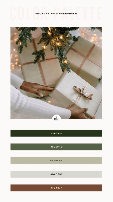 Bring the warmth of the holiday season to your branding with this Christmas-tree-inspired color palette! 🌲✨ Featuring earthy greens, soft gray, and rich brown tones, this palette is perfect for creating a cozy and festive feel for your business. Let’s make your branding merry and bright! Evergreen Color Palette, Green Color Palettes, Evergreen Color, Warm Color Palettes, Branding Color Palette, Earthy Greens, Christmas Color Palette, Modern Brands, Color Palette Inspiration