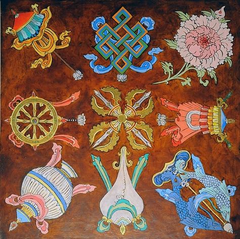 EIGHT AUSPICIOUS SYMBOLS AND CROSSED VAJRA Thangka Eight Auspicious Symbols, Tibet Art, Buddhism Symbols, Lucky Sign, Buddhist Symbols, Gates Of Hell, Asian Painting, Thangka Painting, Tibetan Art