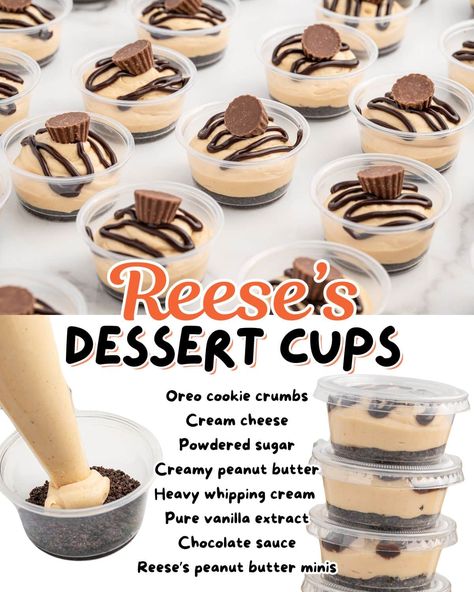 No-bake Chocolate Peanut Butter Dessert Cups recipe pipes a thick mousse-like mixture on top of a buttery Oreo base. Filled with the classic flavors of your favorite Reese’s candy, these treats are made in disposable cups so they are perfect for your summer party or holiday celebrations! #peanutbutter #partyfood #reeses #nobake #easydessert Chocolate Peanut Butter Dessert, Peanut Butter Dessert, Chocolate Peanut Butter Desserts, Dessert Cups Recipes, Mini Dessert Cups, Pinky Girl, Cheesecake Cups, Chocolate And Peanut Butter, Peanut Butter Desserts