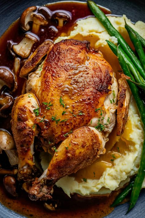 Roast chicken served with mashed potatoes, green beans, and mushrooms in gravy. Autumn Chicken Recipes, Chicken Veloute, Gourmet Dinner Ideas, Best Chicken Marsala Recipe, Best Chicken Marsala, Chicken Marsala Recipe, Potatoes Green Beans, Marsala Recipe, Chicken Mushrooms