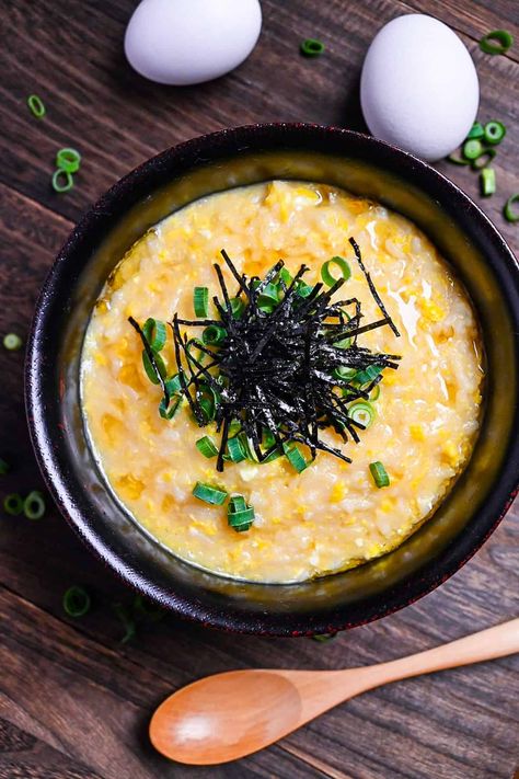 Japanese Egg Rice Bowl, Japanese Egg Breakfast, Japanese Rice Soup, Japanese Porridge Recipes, Japanese Egg Dishes, Okayu Recipe, Japanese Porridge, Rice Porridge Breakfast, Korean Rice Porridge