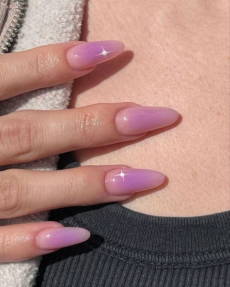 Blush Purple Nails, Lavender Nails 2023, Purple Acrylics With Design, Clear Lavender Nails, Lavender Gel X Nails, Purple And Clear Nails, Purple Aura Nails Chrome, Purple Transparent Nails, Pastel Airbrush Nails