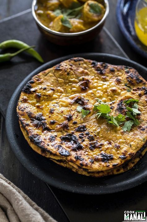 Popular Indian flatbread made with whole wheat flour and chickpea flour. This lightly spiced & flavorful Missi Roti tastes great on its own or with a side of dal or curry! #indian #flatbread #bread Missi Roti, Honey Chilli Potato, Curry Indian, Indian Flatbread, Veg Dishes, Chickpea Flour, Indian Food Recipes Vegetarian, Indian Dishes, Whole Wheat Flour