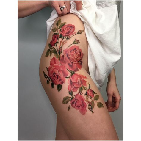 Red roses tattoo by Mavka Leesova Flower Hip Tattoos Color, Red Rose Hip Tattoo, Thigh Tattoos Women Colorful, Color Thigh Tattoos Women, Hip Tattoo Color, Red Roses Tattoo, Tattoo Bein Frau, Rose Tattoo Thigh, Girl Thigh Tattoos